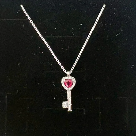 Pandora Silver Key Necklace with Red Heart Accent - Picture 3 of 7